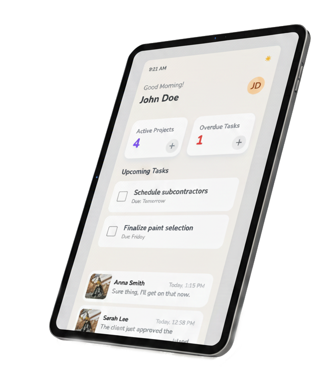 A tablet and a phone showing a real-time feed of project photos, demonstrating VeriSnapp's sync feature.